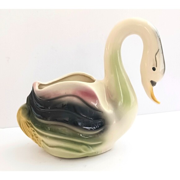 VTG  Mid Century Swan Planter Ceramic Made in USA Green/Pink/Blk  Paint Wash - Picture 3 of 12